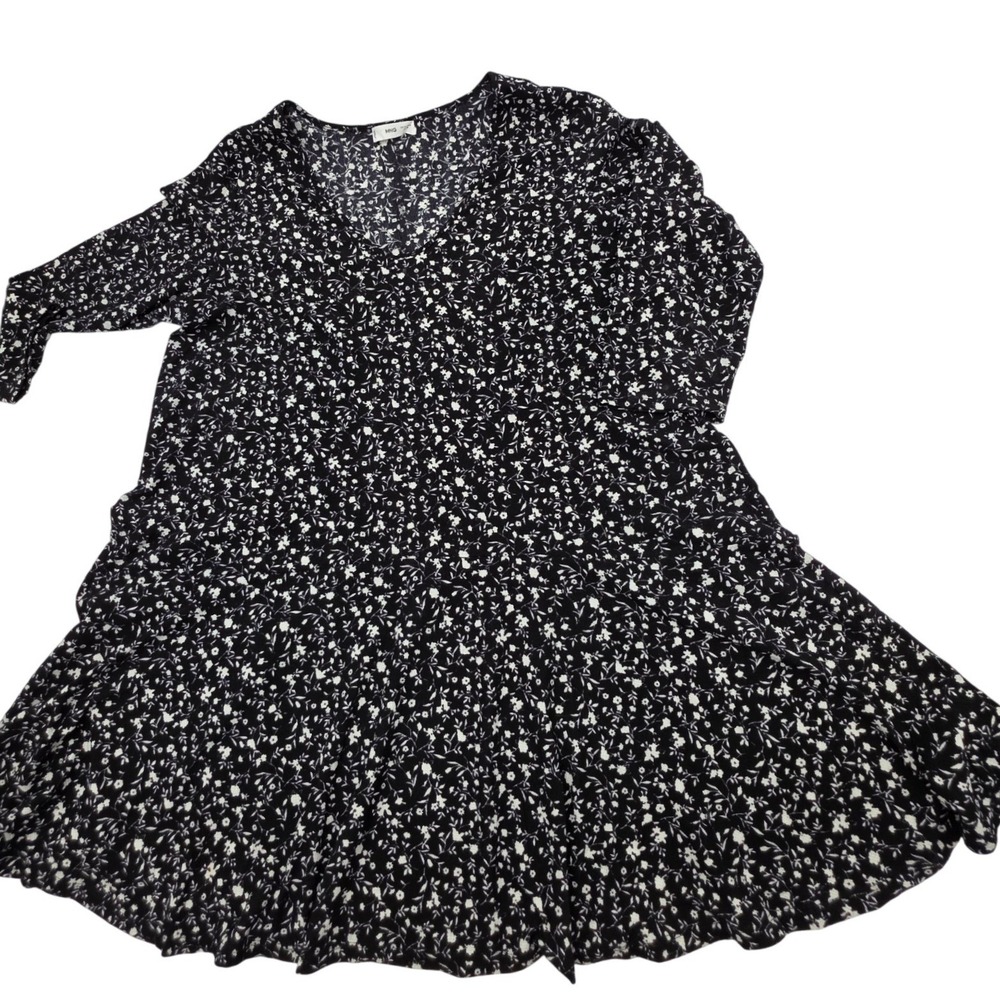 Peasant Mango Floral Mini Dress Women 1XL Black V-Neck Long Sleeve Tiered Boho